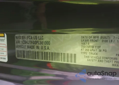 2023 Jeep Gladiator Overland 4X4 z USA, uszkodzony, nr VIN 1C6HJTFG0PL561000